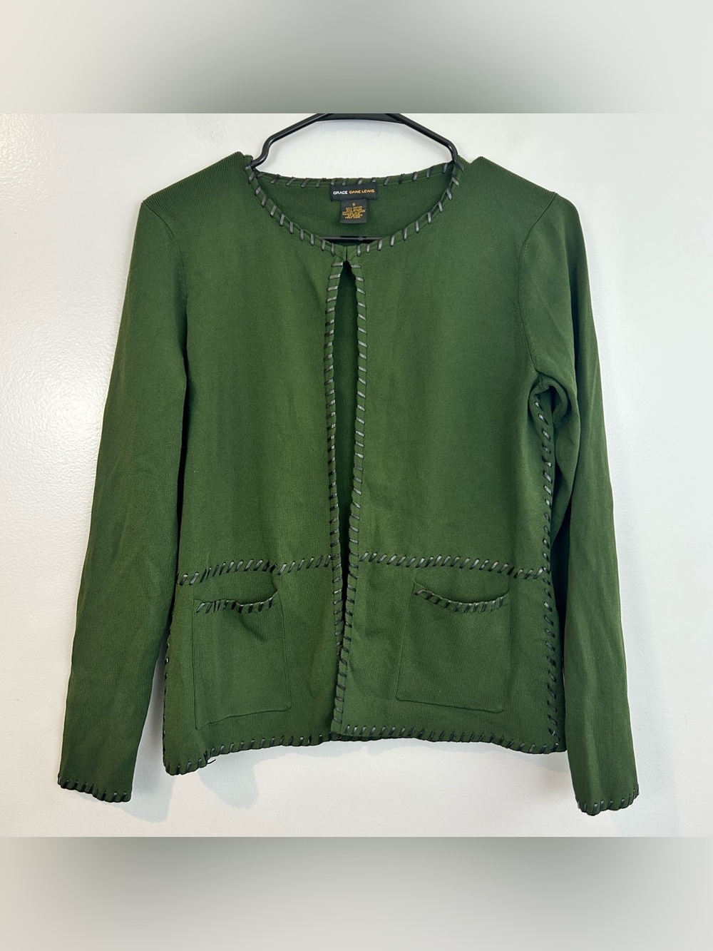 Grace Dane Lewis Green Knit Cardigan w/ Faux Black Leather Trim Frankenstein S